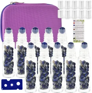 Essential Oil Roller Bottle 10ml w EVA Carrying Travel Case（Clear Glass Bottle with silver Cap、10pack、Gemstone Roller Balls、Healing Crystal Chips Inside、Opener)Gemstone Roller Ball Bottles