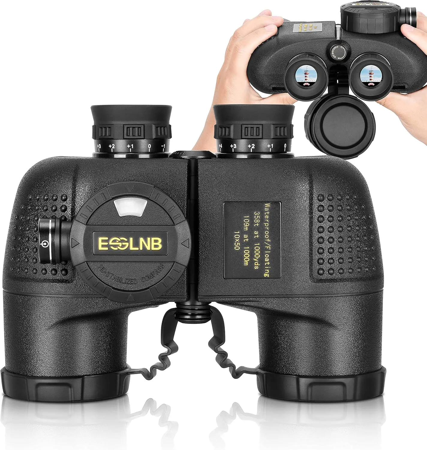 ESSLNB 10X50 Marine Binoculars with Illuminated Rangefinder, Compass, IPX7 Waterproof, BAK4 Prisms, for Navigation, Hunting, Includes Strap and Carrying Bag