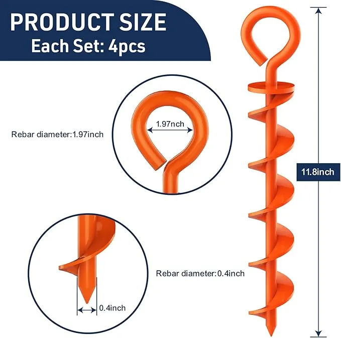 Eurmax USA Canopy Tent Stakes Dog Tie Out Stakes Corkscrew Shape Steel Trampoline Stakes with Iron Rod Installation Tool & 4 Wind Ropes - Set of 4 (Orange)