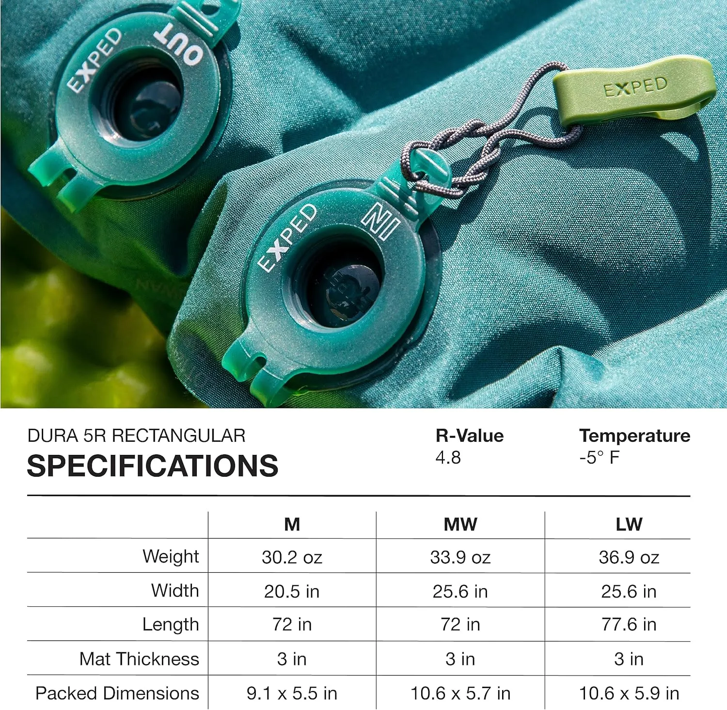 Exped Dura 5R | Abrasion Resistant | Insulated and Comfortable | -5 Degree Sleeping Pad, Cypress, Medium Wide