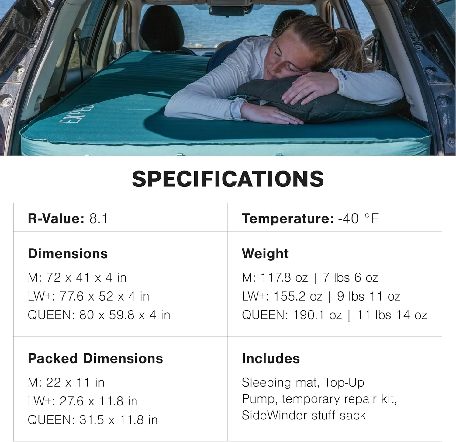 Exped MegaMat Duo Long Wide Plus - Self Inflating Soft Car Sleeping Mat, 4” Foam Pad, Pump Included