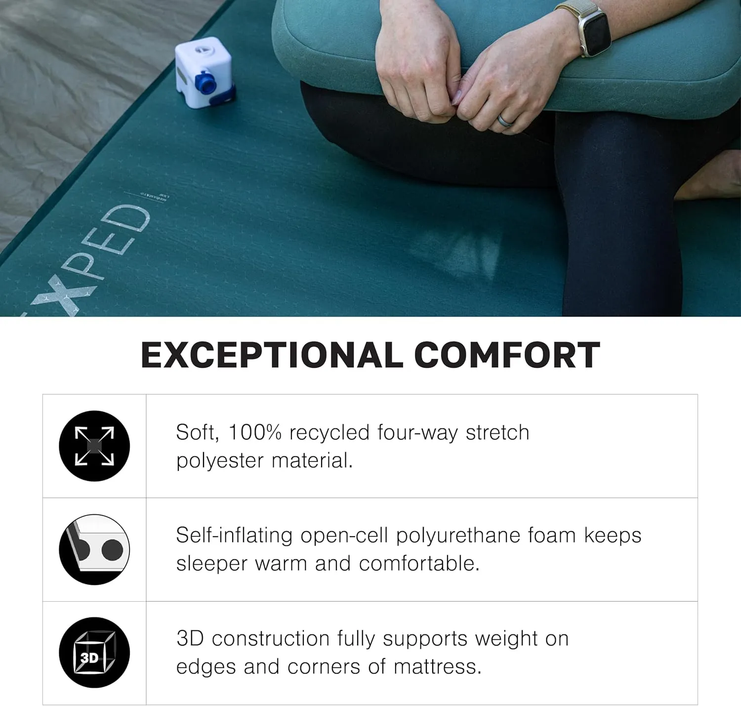 Exped MegaMat Duo Queen - Self Inflating Soft Car Sleeping Mat, 4” Foam Pad, Pump Included