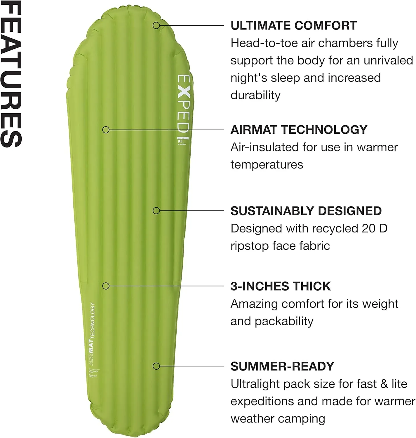 Exped Ultra Series: 1R, 3R, 5R, 7R Single & Duo - Lightweight Backpacking Mat - Packable and Comfortable - Sleeping Pad with Pumpbag for Self-Inflation