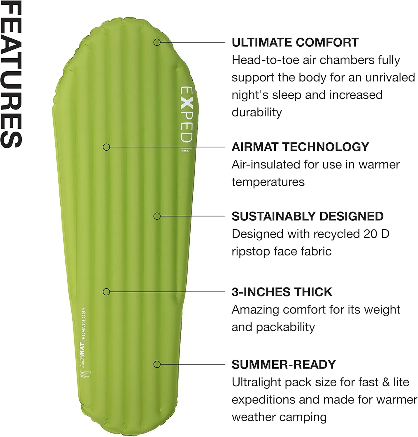 Exped Ultra Series: 1R, 3R, 5R, 7R Single & Duo - Lightweight Backpacking Mat - Packable and Comfortable - Sleeping Pad with Pumpbag for Self-Inflation