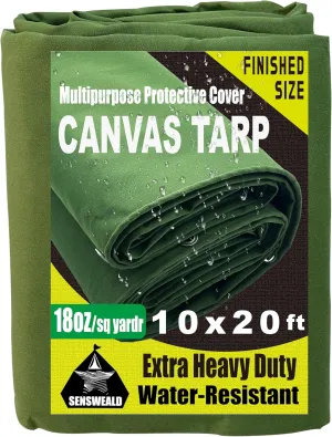 Extra Heavy Duty Canvas tarp 10x20 Feet 18oz Water-Resistant Large Canvas Tarp with Grommets，Tear Resistant, Durable, Multipurpose Protective Green Canvas Covering 32 Mil Thickness