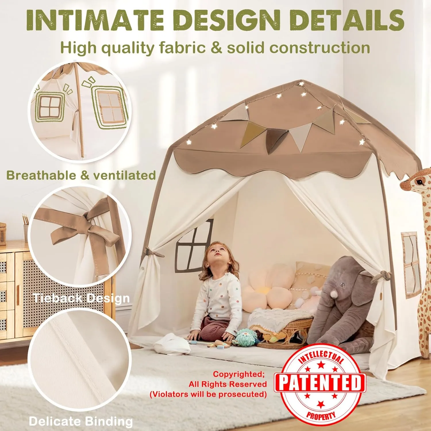 Extra Large Kids Play Tent with Flags & Star Lights, Portable & Foldable Teepee, Bed Tent Bed Canopy for Boys & Girls, Indoor Outdoor Dome Tent Playhouse, Kids Birthday Gift, 59x39x59 in,Brown