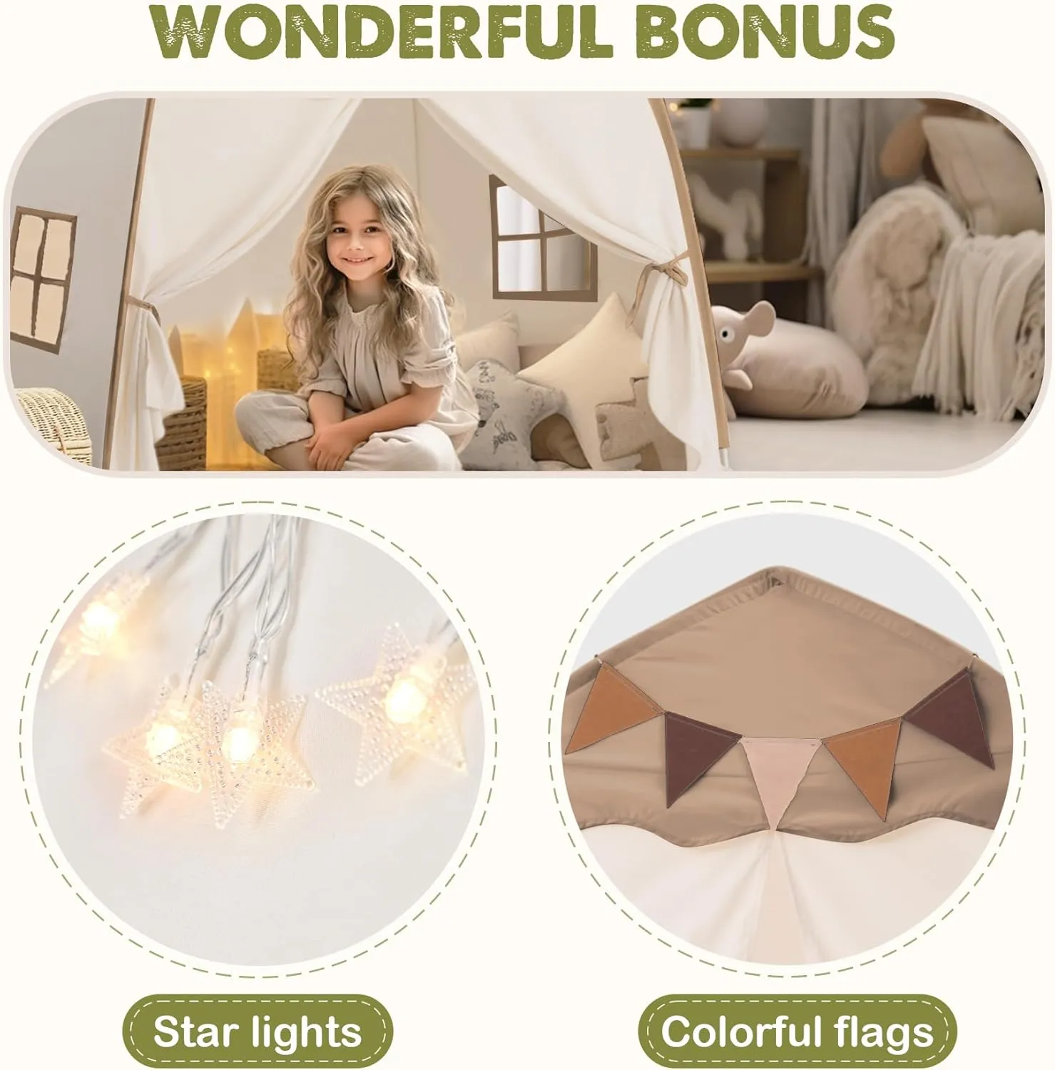 Extra Large Kids Play Tent with Flags & Star Lights, Portable & Foldable Teepee, Bed Tent Bed Canopy for Boys & Girls, Indoor Outdoor Dome Tent Playhouse, Kids Birthday Gift, 59x39x59 in,Brown