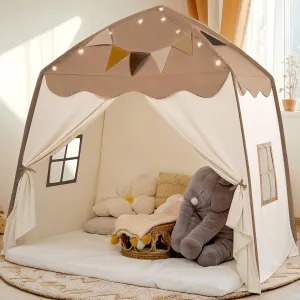 Extra Large Kids Play Tent with Flags & Star Lights, Portable & Foldable Teepee, Bed Tent Bed Canopy for Boys & Girls, Indoor Outdoor Dome Tent Playhouse, Kids Birthday Gift, 59x39x59 in,Brown