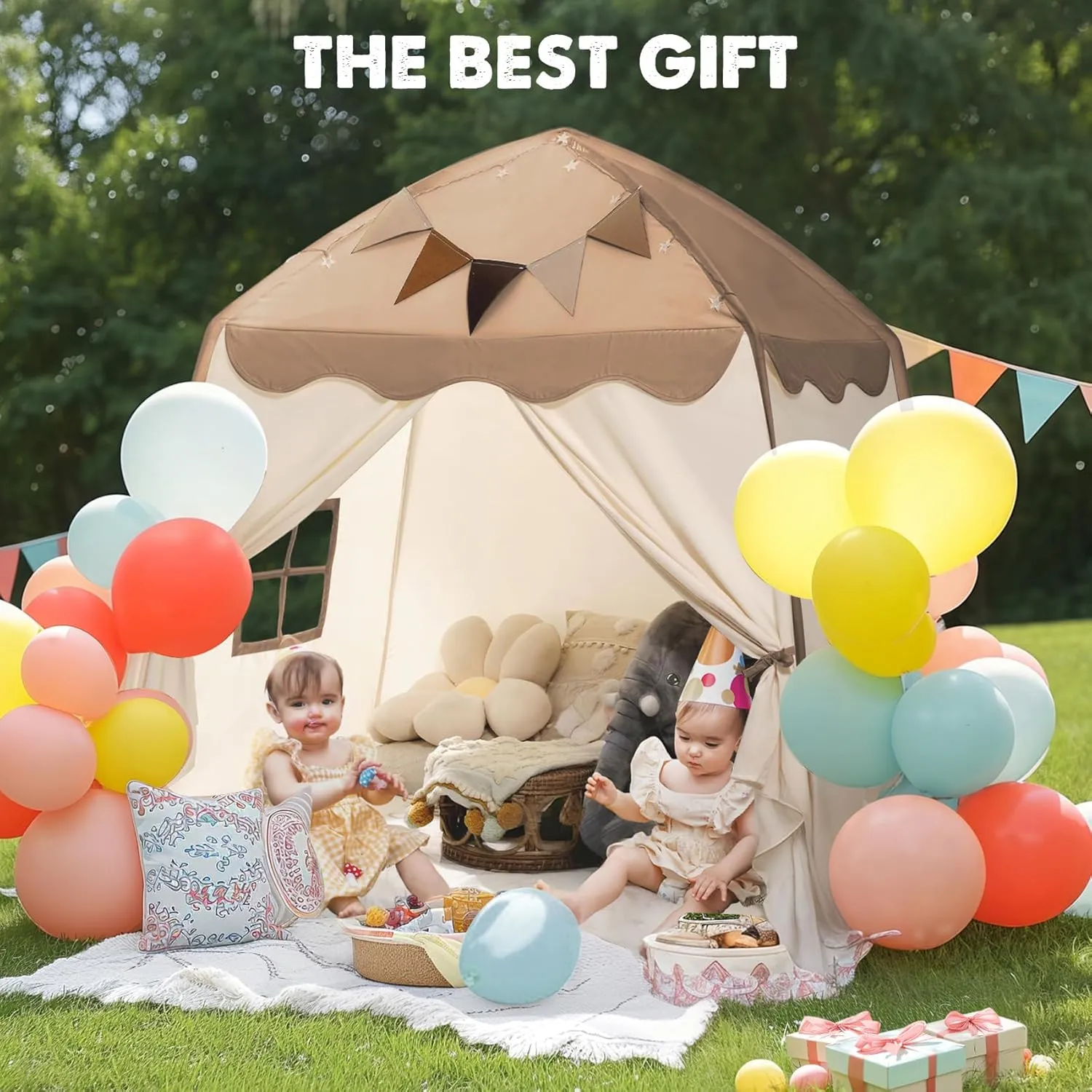 Extra Large Kids Play Tent with Flags & Star Lights, Portable & Foldable Teepee, Bed Tent Bed Canopy for Boys & Girls, Indoor Outdoor Dome Tent Playhouse, Kids Birthday Gift, 59x39x59 in,Brown
