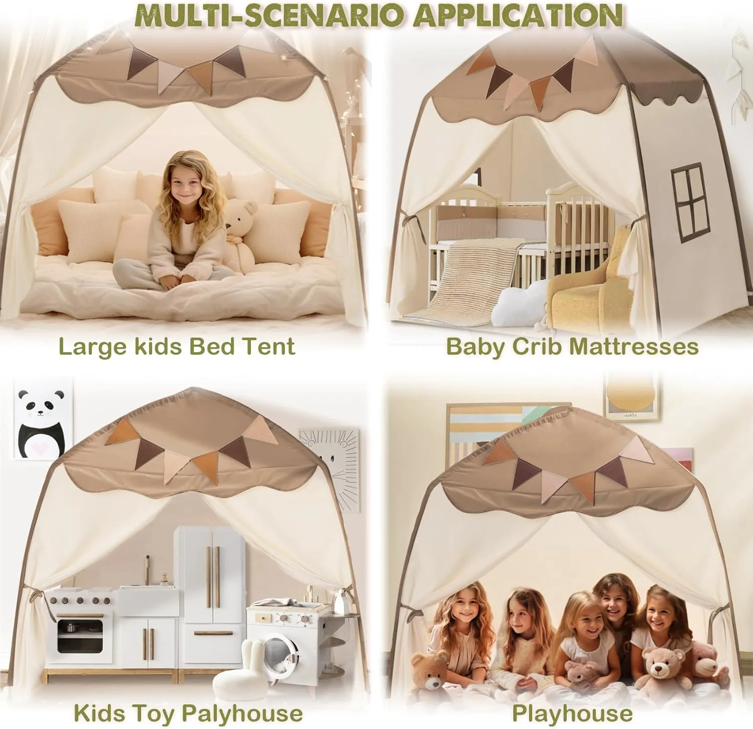 Extra Large Kids Play Tent with Flags & Star Lights, Portable & Foldable Teepee, Bed Tent Bed Canopy for Boys & Girls, Indoor Outdoor Dome Tent Playhouse, Kids Birthday Gift, 59x39x59 in,Brown