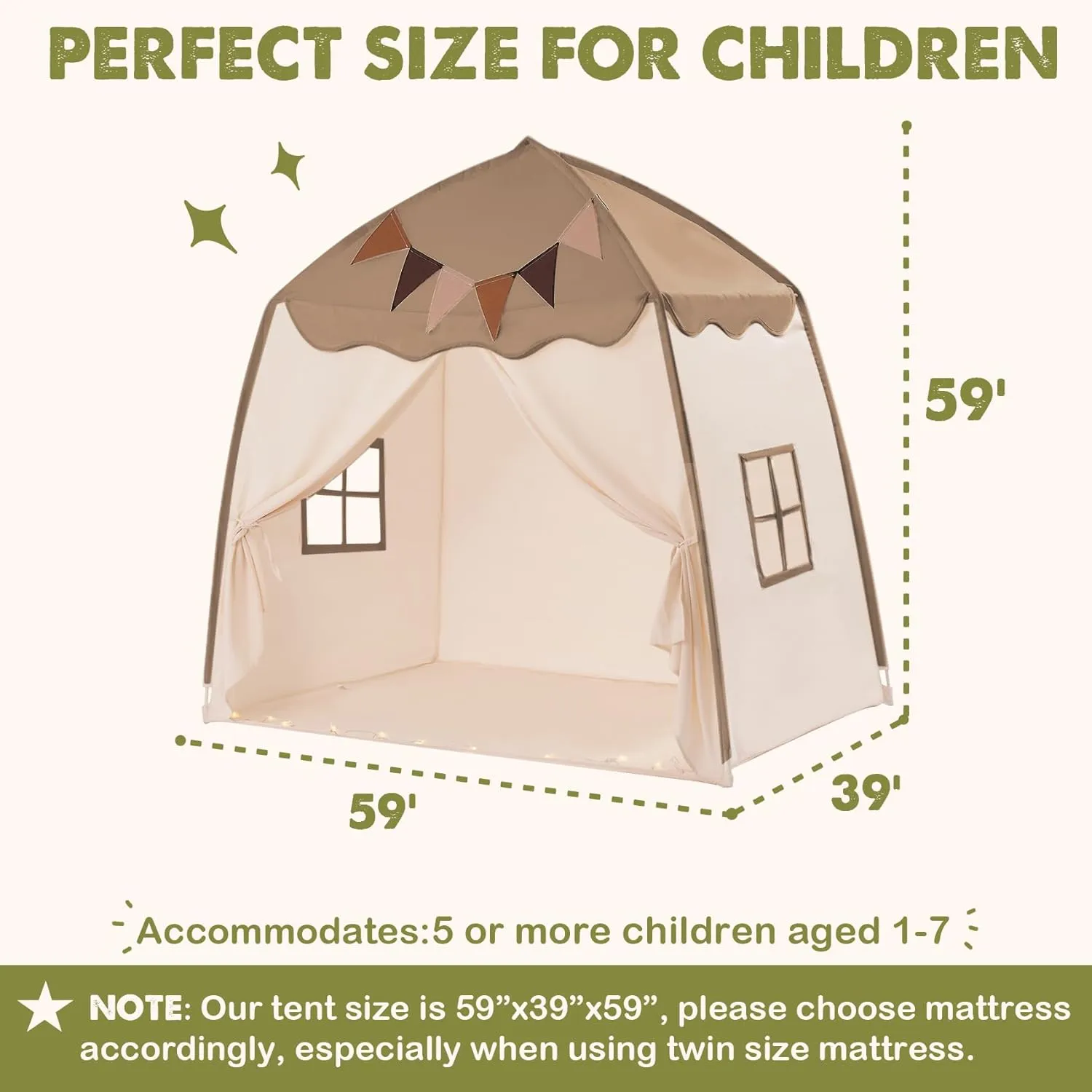 Extra Large Kids Play Tent with Flags & Star Lights, Portable & Foldable Teepee, Bed Tent Bed Canopy for Boys & Girls, Indoor Outdoor Dome Tent Playhouse, Kids Birthday Gift, 59x39x59 in,Brown