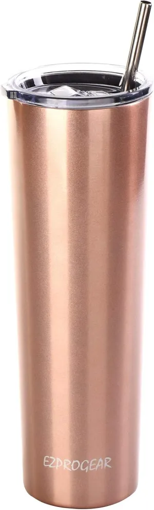 Ezprogear 34 oz Stainless Steel Slim Skinny Tumbler Vacuum Insulated Rose Gold Cup with Straw (34 oz, Rose Gold)