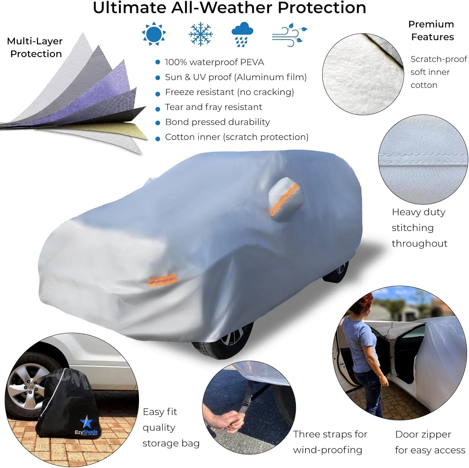 EzyShade 10-Layer SUV Car Cover Waterproof All Weather. See Vehicle Size-Chart for Accurate Fit. Outdoor Full Exterior Covers for Automobiles Heavy Duty Tarp Jeep Rav4 CRV. Size S1 (See SizeChart)