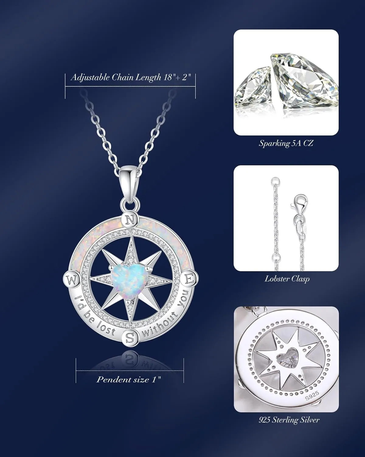FANCIME Compass Necklace for Women Sterling Silver Compass Jewelry Opal Pendant Fine Jewelry Gemstone Birthday Mother's Day Gifts for Wife