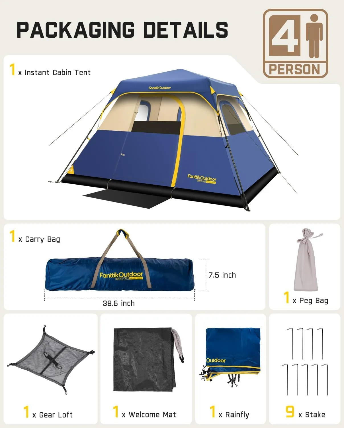 FanttikOutdoor Camping Tent 4/6/8/10 Person Instant Cabin Tent Setup in 60 Seconds with Rainfly & Windproof Portable with Carry Bag for Family Camping & Hiking, Upgraded Ventilation