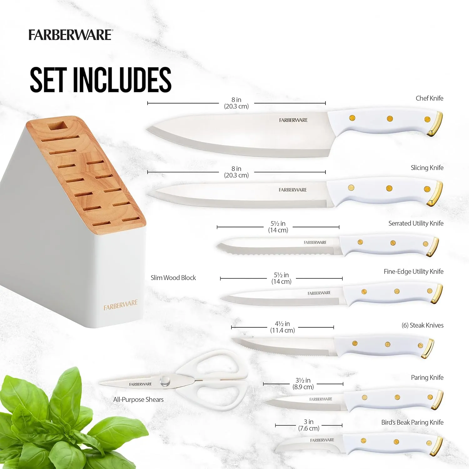 Farberware 14-Piece Knife Block Set, White and Gold – Razor-Sharp, High-Carbon Stainless Steel, Triple-Riveted, Ergonomic Handles, Stylish Wood Block