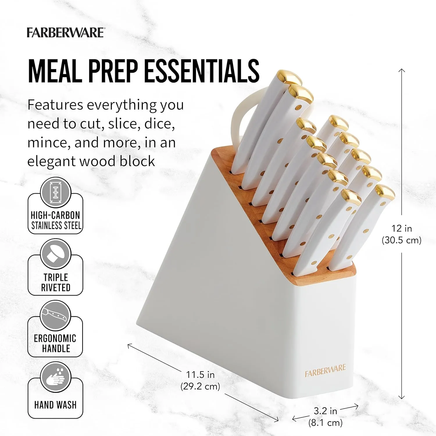 Farberware 14-Piece Knife Block Set, White and Gold – Razor-Sharp, High-Carbon Stainless Steel, Triple-Riveted, Ergonomic Handles, Stylish Wood Block