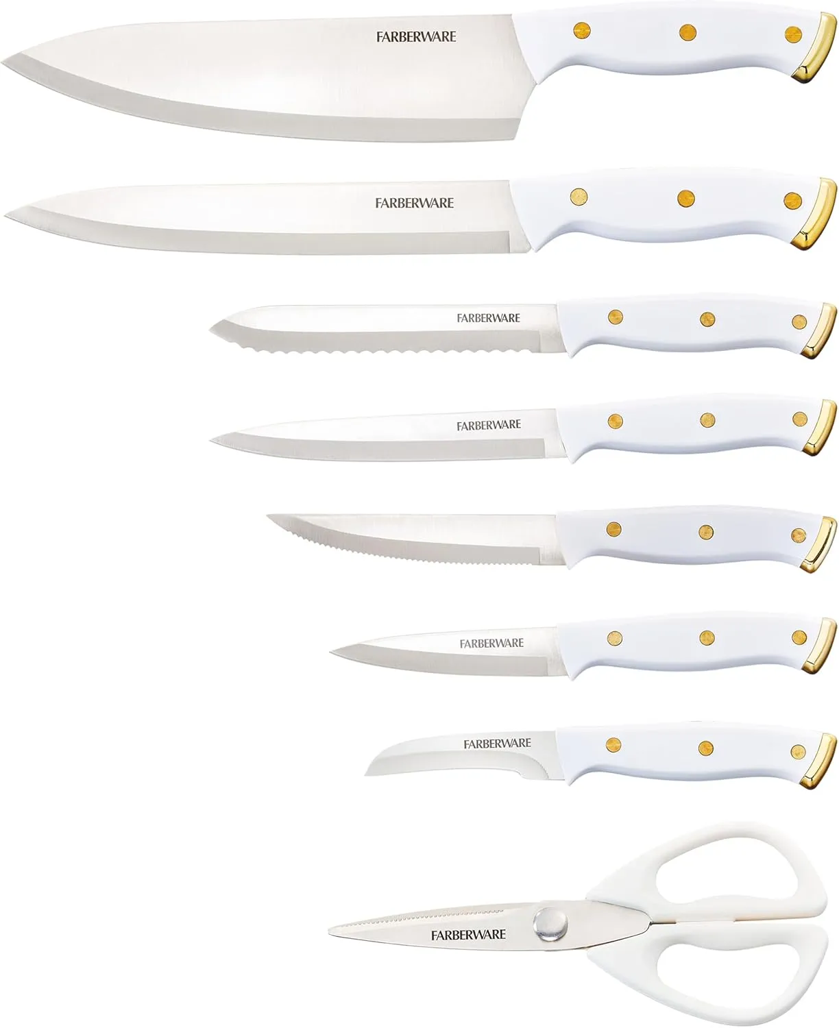 Farberware 14-Piece Knife Block Set, White and Gold – Razor-Sharp, High-Carbon Stainless Steel, Triple-Riveted, Ergonomic Handles, Stylish Wood Block