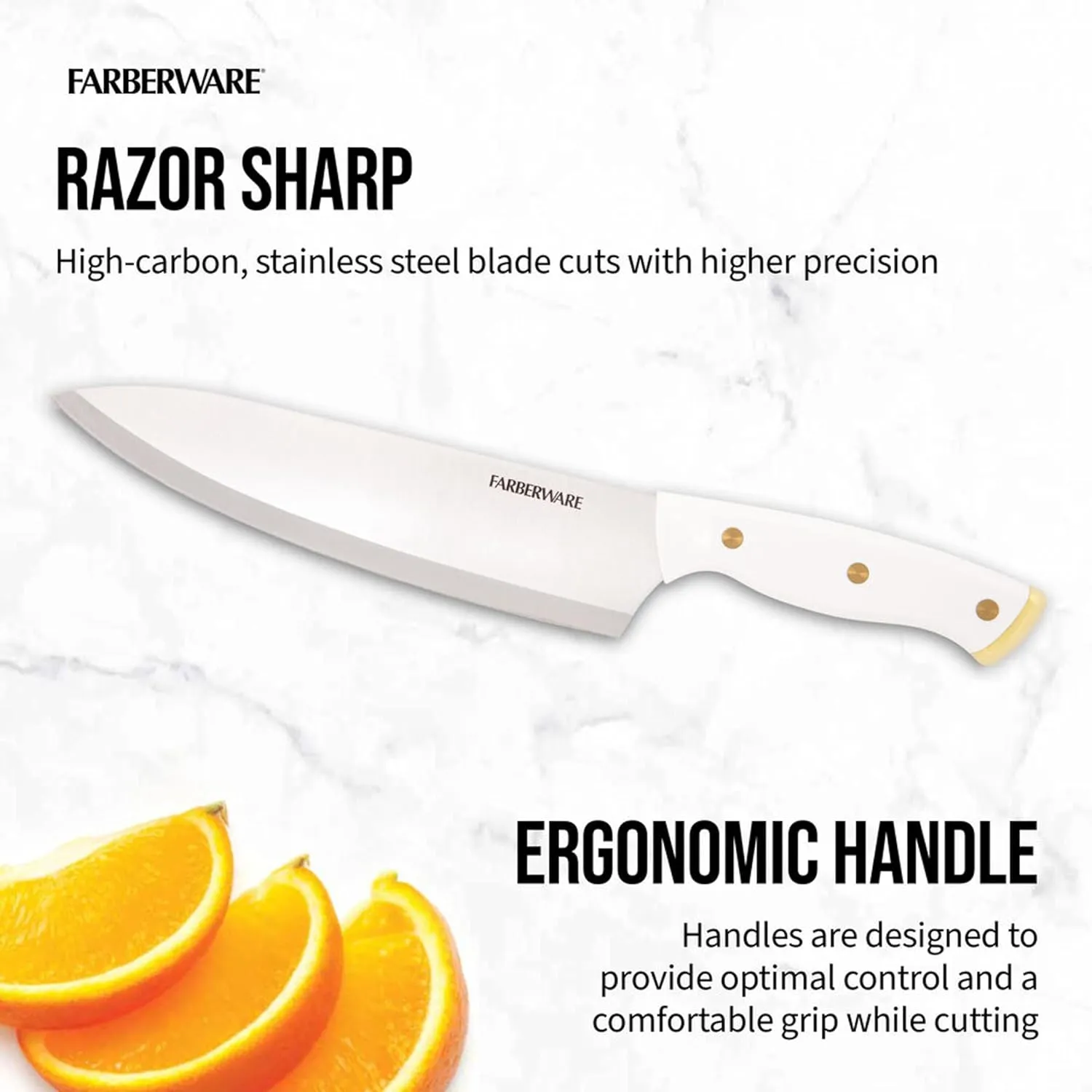 Farberware 14-Piece Knife Block Set, White and Gold – Razor-Sharp, High-Carbon Stainless Steel, Triple-Riveted, Ergonomic Handles, Stylish Wood Block
