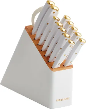 Farberware 14-Piece Knife Block Set, White and Gold – Razor-Sharp, High-Carbon Stainless Steel, Triple-Riveted, Ergonomic Handles, Stylish Wood Block