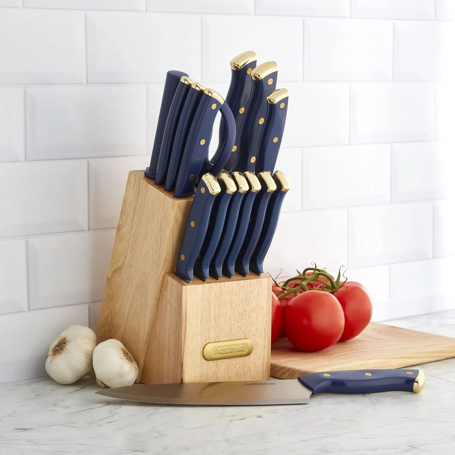 Farberware Triple Riveted Knife Block Set, 15-Piece, Navy and Gold, High-Carbon Stainless Steel Blades, Ergonomic Handles, Includes Wood Storage Block