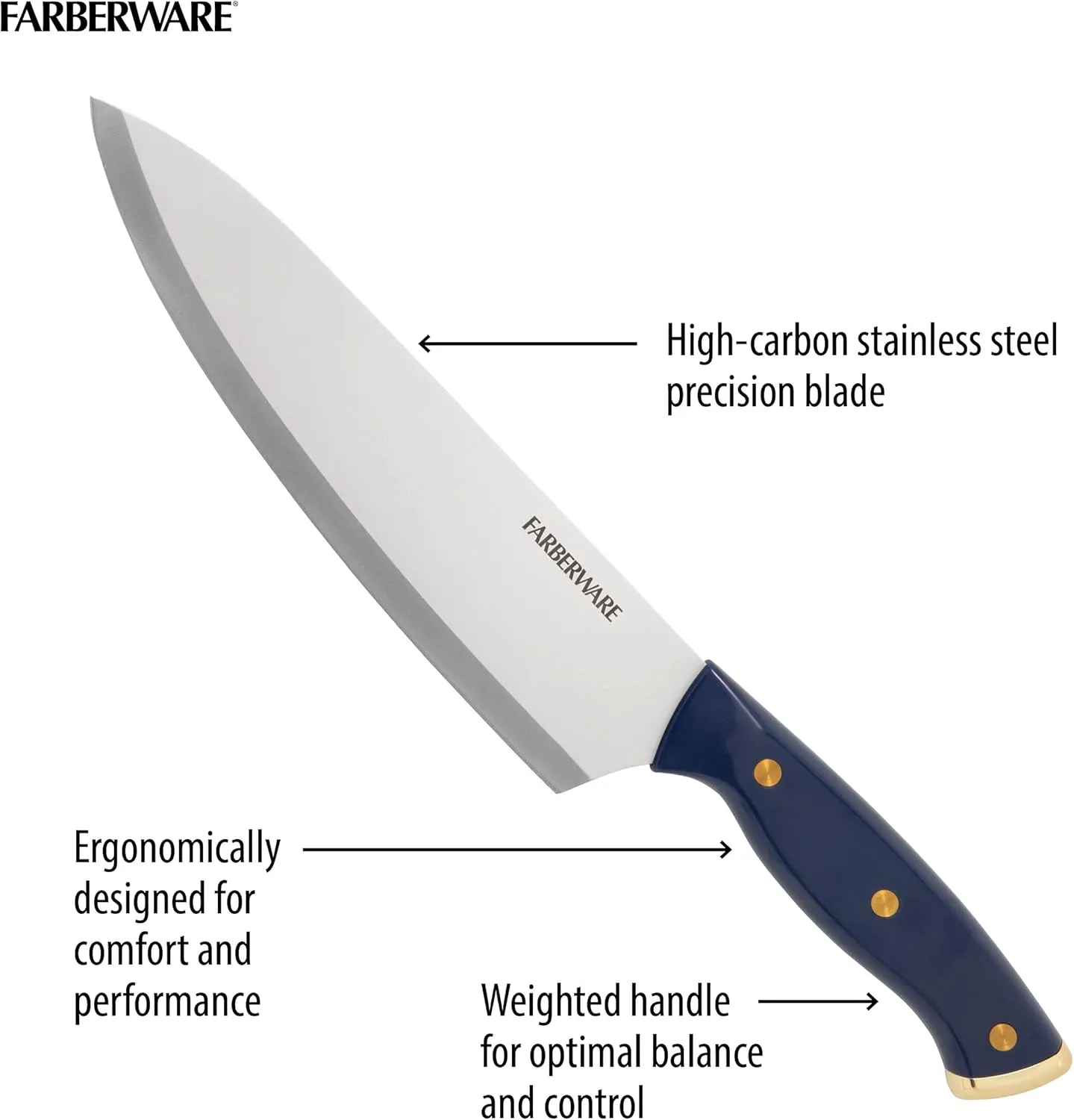 Farberware Triple Riveted Knife Block Set, 15-Piece, Navy and Gold, High-Carbon Stainless Steel Blades, Ergonomic Handles, Includes Wood Storage Block
