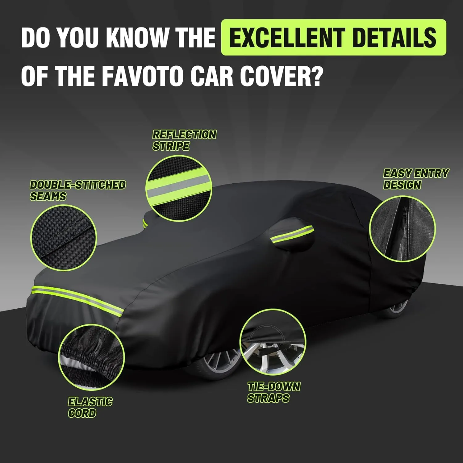Favoto 6 Layers Car Cover Waterproof All Weather for Automobiles Heavy Duty Outdoor Sun Snow Protection Car Tarp with Windproof Straps Universal Fit for Sedan Length up to 185"