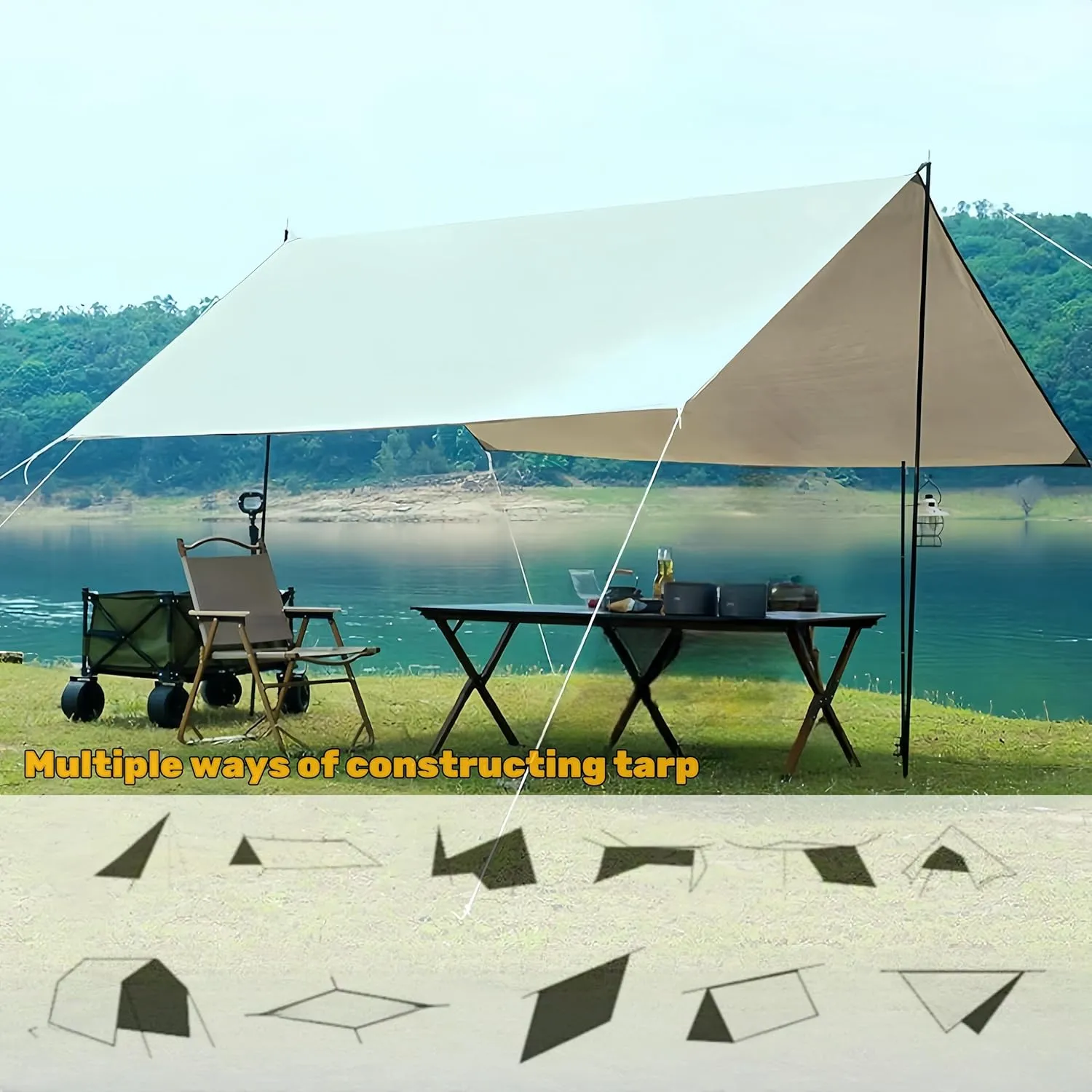Fay Bless Rain Fly Camping Tarp Waterproof Resistant Sun Shade Lightweight Hammock Tent Tarp with Multifunctional Camping Accessories(Beige, 3×3m)