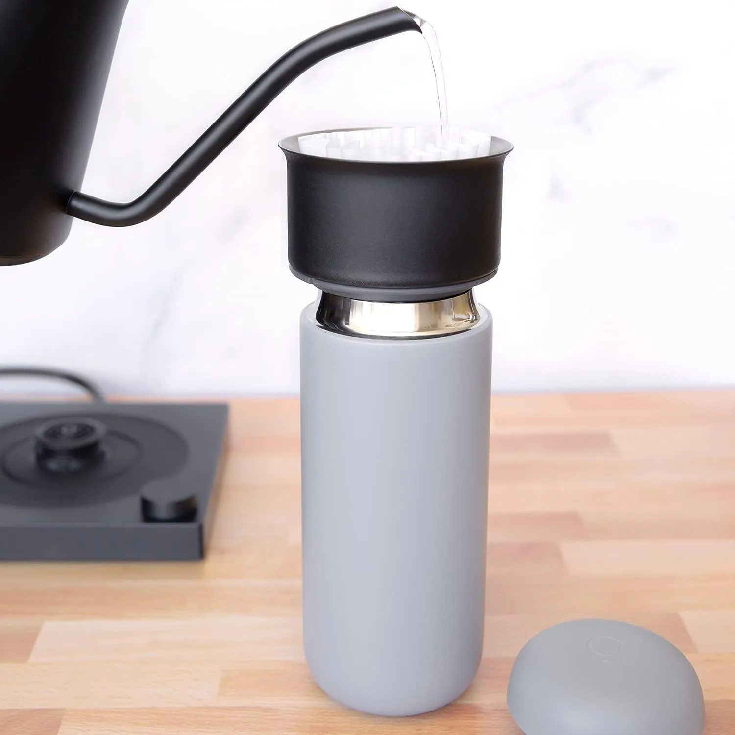Fellow 16 oz Carter Move Travel Mug - Vacuum-Insulated Stainless Steel Travel Coffee Mug - Coffee Tumbler with Ceramic Interior and Splash Guard - Matte Grey