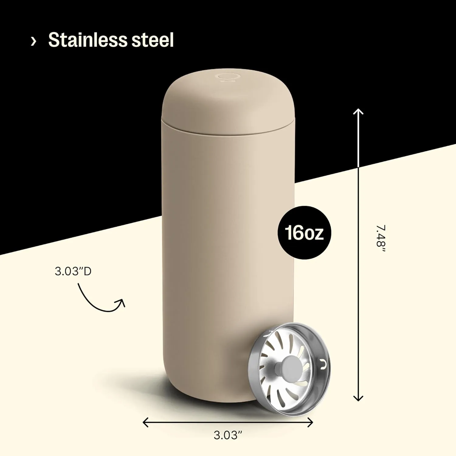 Fellow 16 oz Carter Move Travel Mug - Vacuum-Insulated Stainless Steel Travel Coffee Mug - Coffee Tumbler with Ceramic Interior and Splash Guard - Sand Dune