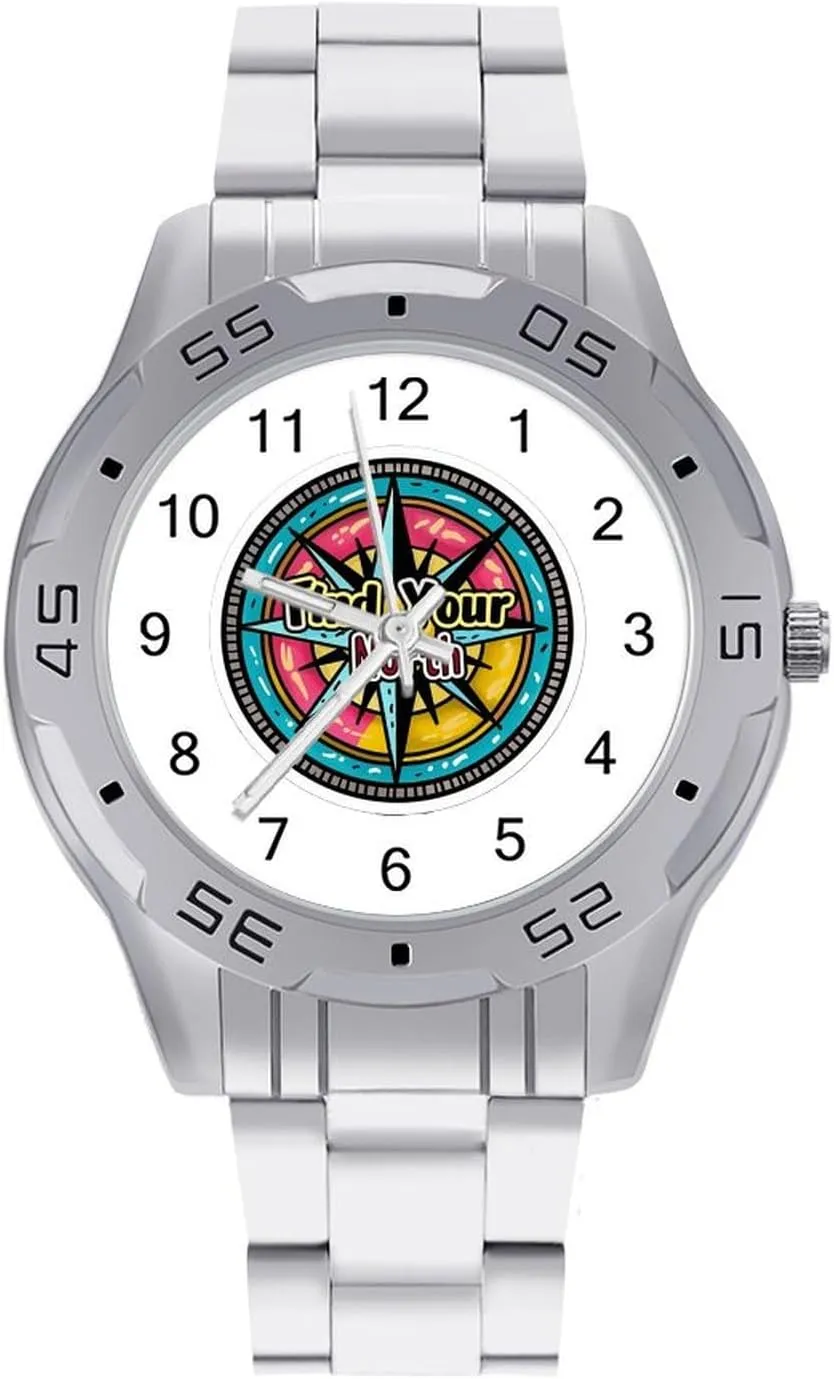 Find Your True North Compass Classic Wrist Watches for Men Casual Business Dress Watch with Stainless Steel Band Work Party