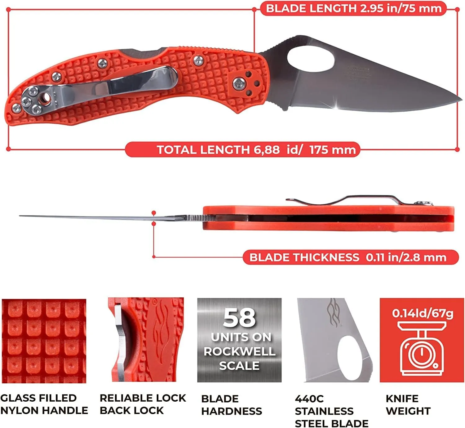 Firebird GANZO F759MS-OR Serrated Blade Pocket Folding Knife 440C Stainless Steel Serrated Blade Nylon Glass Fiber Anti-Slip Handle with Clip Fishing Camping EDC Knife (Orange)