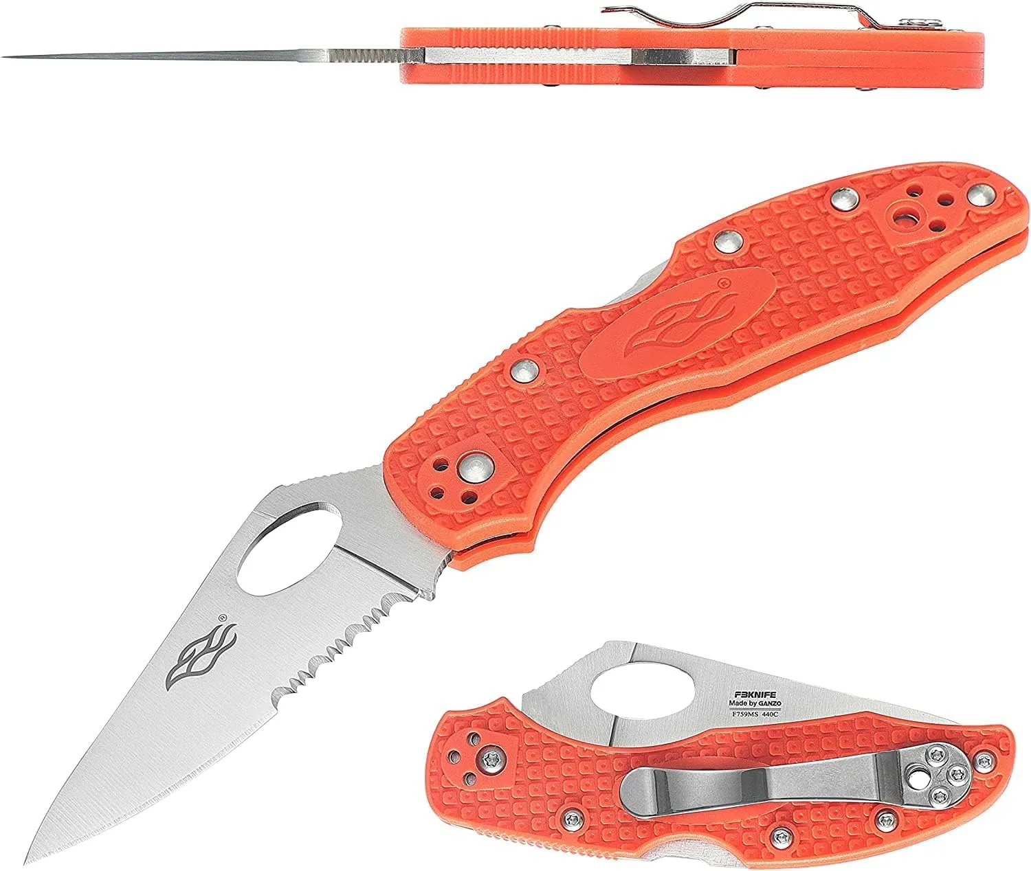 Firebird GANZO F759MS-OR Serrated Blade Pocket Folding Knife 440C Stainless Steel Serrated Blade Nylon Glass Fiber Anti-Slip Handle with Clip Fishing Camping EDC Knife (Orange)