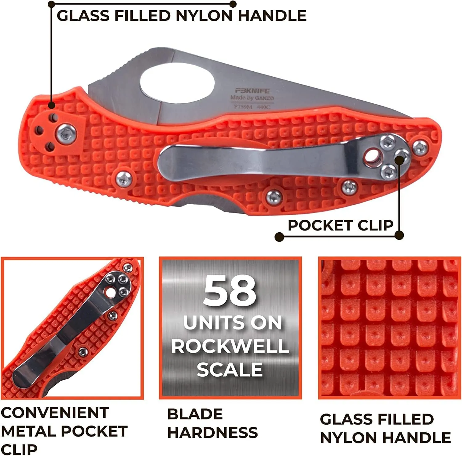 Firebird GANZO F759MS-OR Serrated Blade Pocket Folding Knife 440C Stainless Steel Serrated Blade Nylon Glass Fiber Anti-Slip Handle with Clip Fishing Camping EDC Knife (Orange)