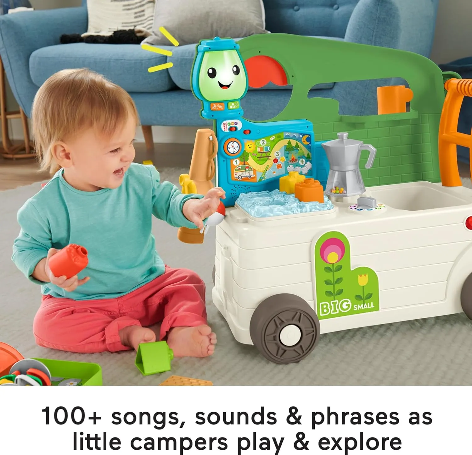 Fisher-Price Baby to Toddler Toy Laugh & Learn 3-in-1 On-the-Go Camper Walker & Activity Center with Smart Stages for Ages 9  Months​, Tan/Green