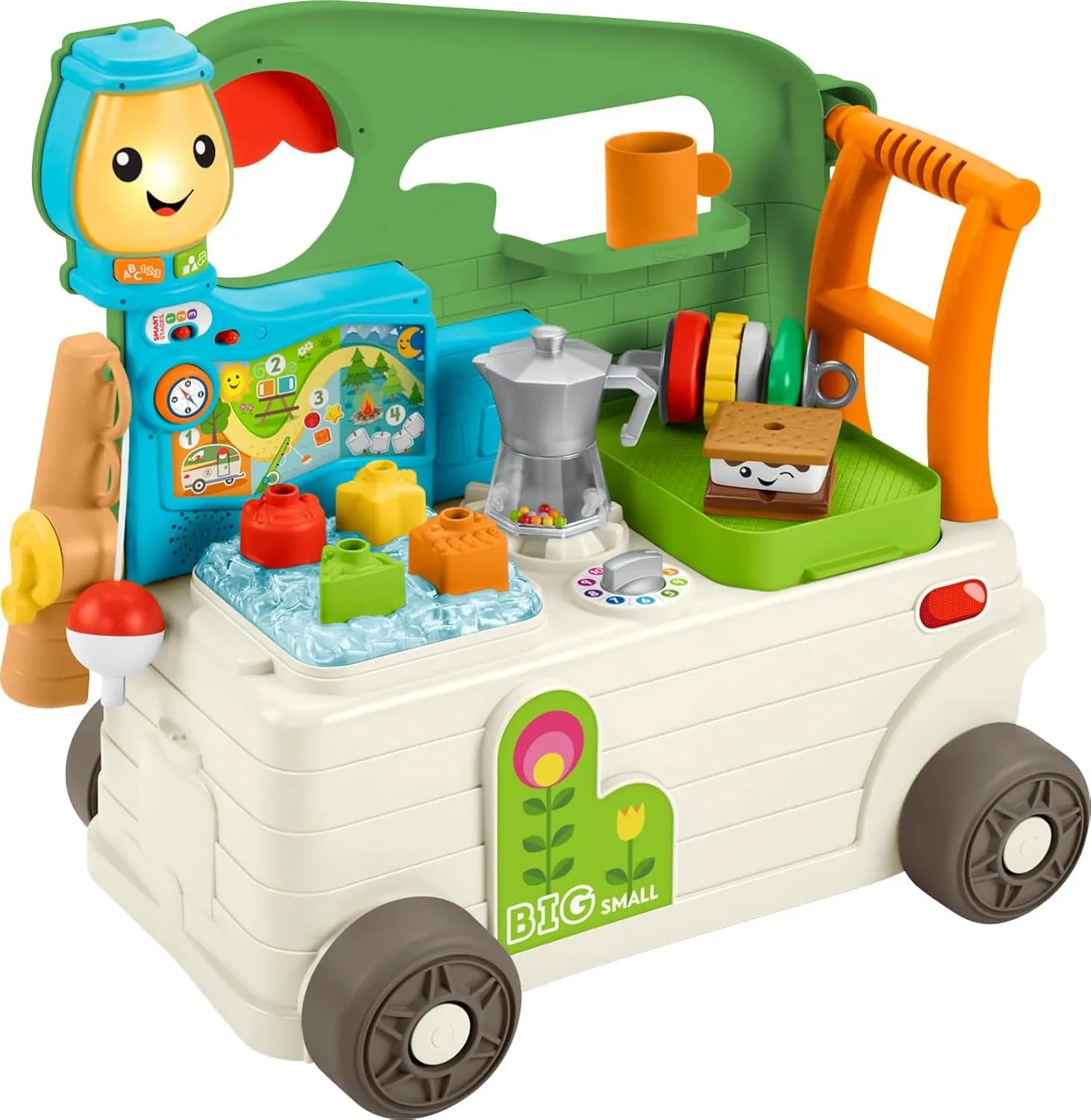 Fisher-Price Baby to Toddler Toy Laugh & Learn 3-in-1 On-the-Go Camper Walker & Activity Center with Smart Stages for Ages 9  Months​, Tan/Green