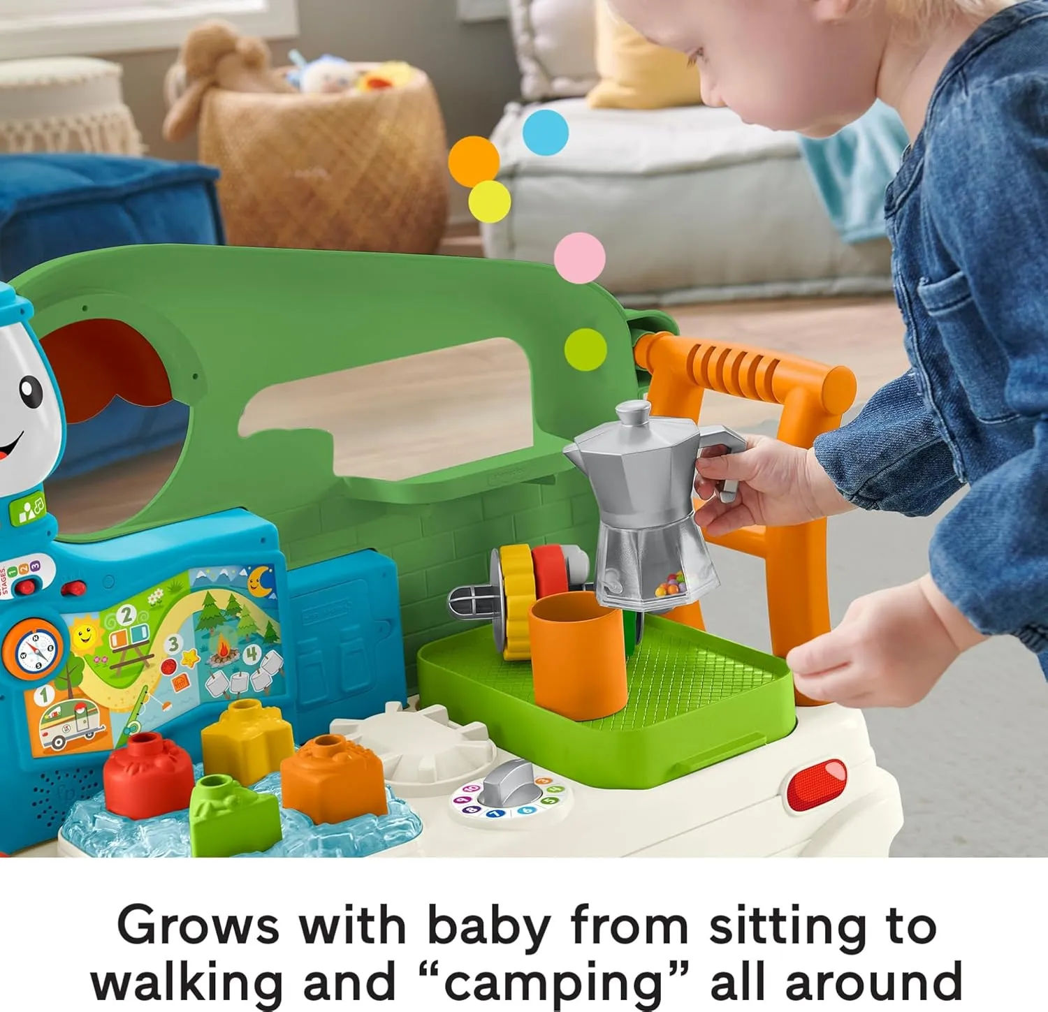Fisher-Price Baby to Toddler Toy Laugh & Learn 3-in-1 On-the-Go Camper Walker & Activity Center with Smart Stages for Ages 9  Months​, Tan/Green