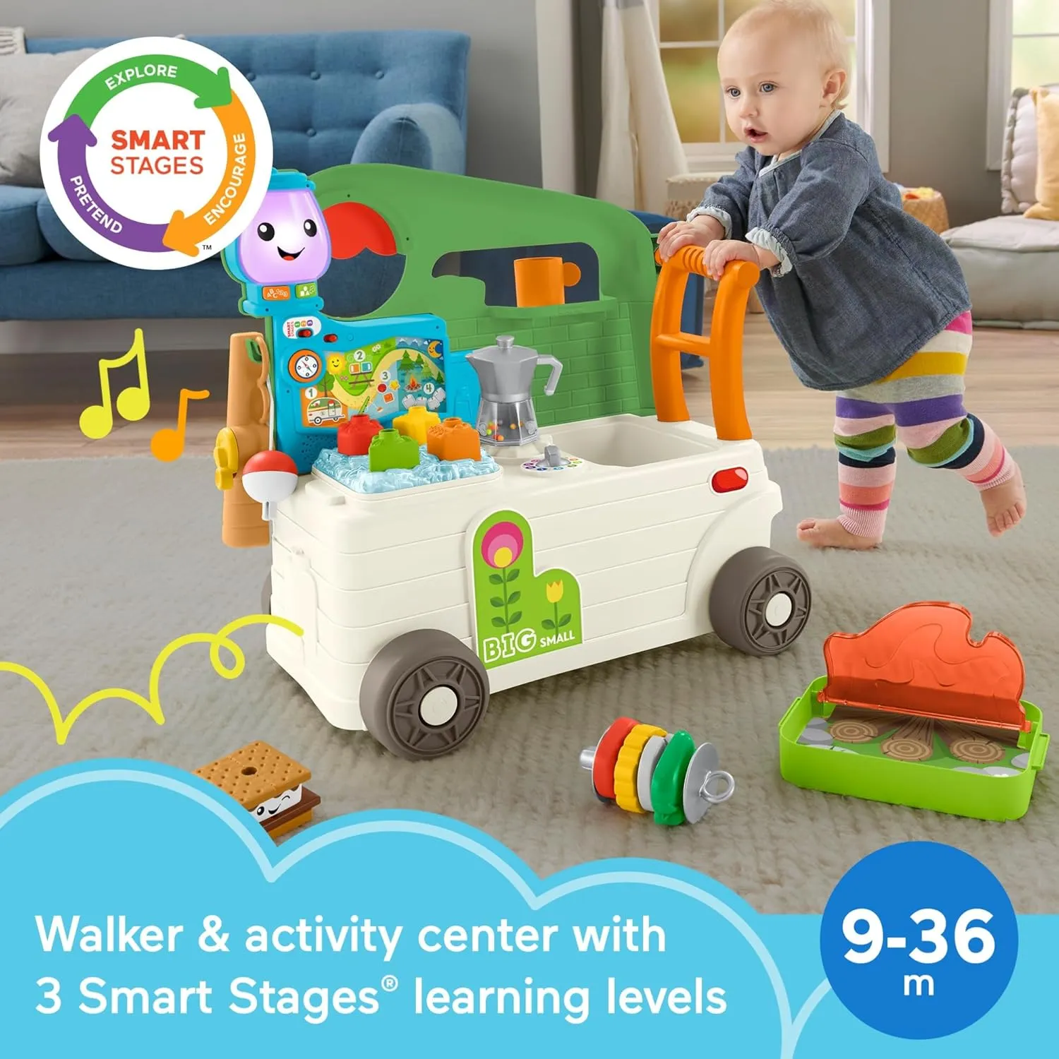Fisher-Price Baby to Toddler Toy Laugh & Learn 3-in-1 On-the-Go Camper Walker & Activity Center with Smart Stages for Ages 9  Months​, Tan/Green