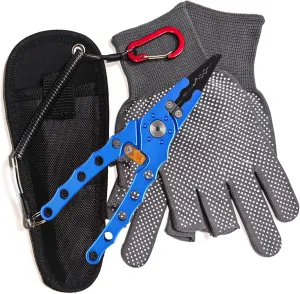 Fishing Pliers with Sheath，gloves and Lanyard; Multi-purpose Saltwater Fishing Pliers with Split Ring,Corrosion Resistance Fly Fishing Pliers(blue)
