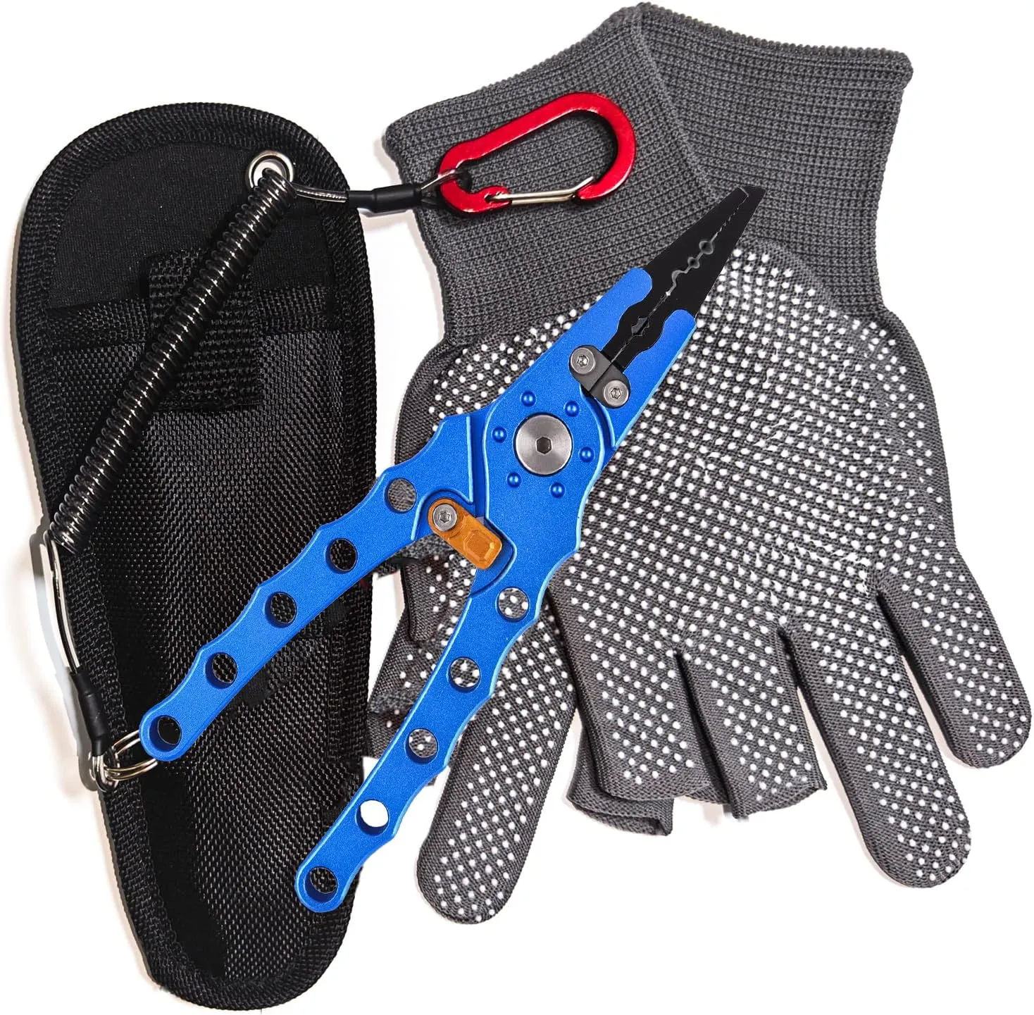 Fishing Pliers with Sheath，gloves and Lanyard; Multi-purpose Saltwater Fishing Pliers with Split Ring,Corrosion Resistance Fly Fishing Pliers(blue)