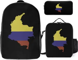 Flag Map of Colombia 17 in Backpack Pencil Case and Lightweight Lunch Bag 3Pcs Set for Work Travel Leisure Day Trip