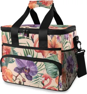 Flamingos Tropical Leaves Palm Cooler Bag Insulated Cooler Soft Sided Cooler 24 Can Portable Picnic Bag Large Leakproof Lunch Bag Box for Beach Grocery Camping Travel Car Men Women