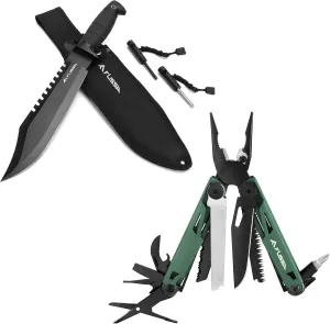 FLISSA Survival Hunting Knife with Sheath and 15-in-1 Multitool