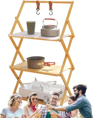 Foldable Camping Shelves - Multi Tier Camping Rack | Camping Folding Wooden Shelf | Wear Resistant Outdoor Camping Table Shelf | Foldable Rack Shelf for Camp Picnic Beach Grill Cooking