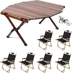Foldable Camping Table with 6 air, Portable Picnic Table and airs, Roll-up Table Top Outdoor BBQ Table Folding Table Ultralight Lawn air for Garden Patio