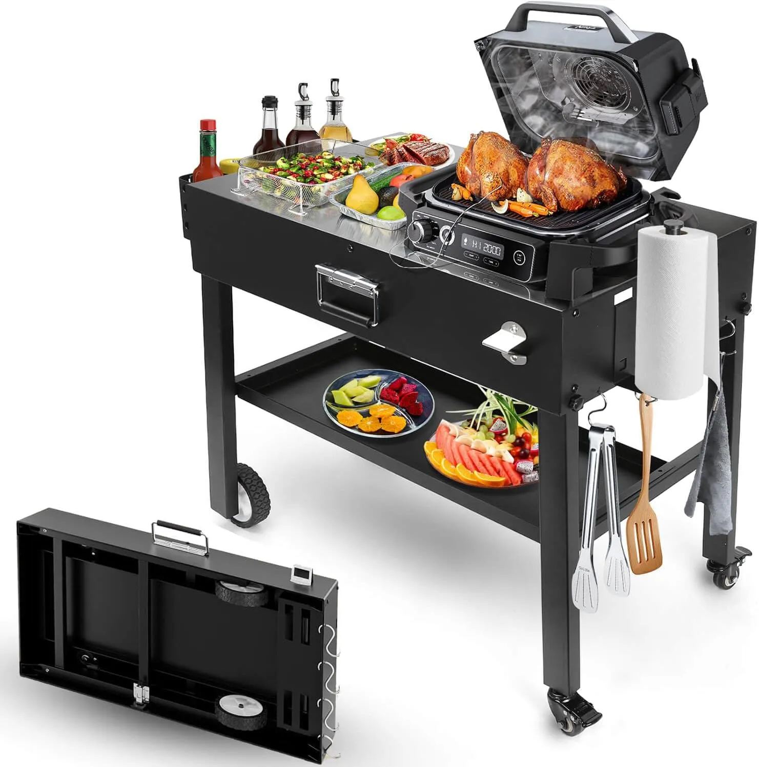 Foldable Grill Table Cart for Ninja Woodfire OG700, Blackstone Portable Griddle, Weber, Pizza Oven – Portable Outdoor BBQ Prep Stand with Caddy, Ideal for Camping and Tailgating