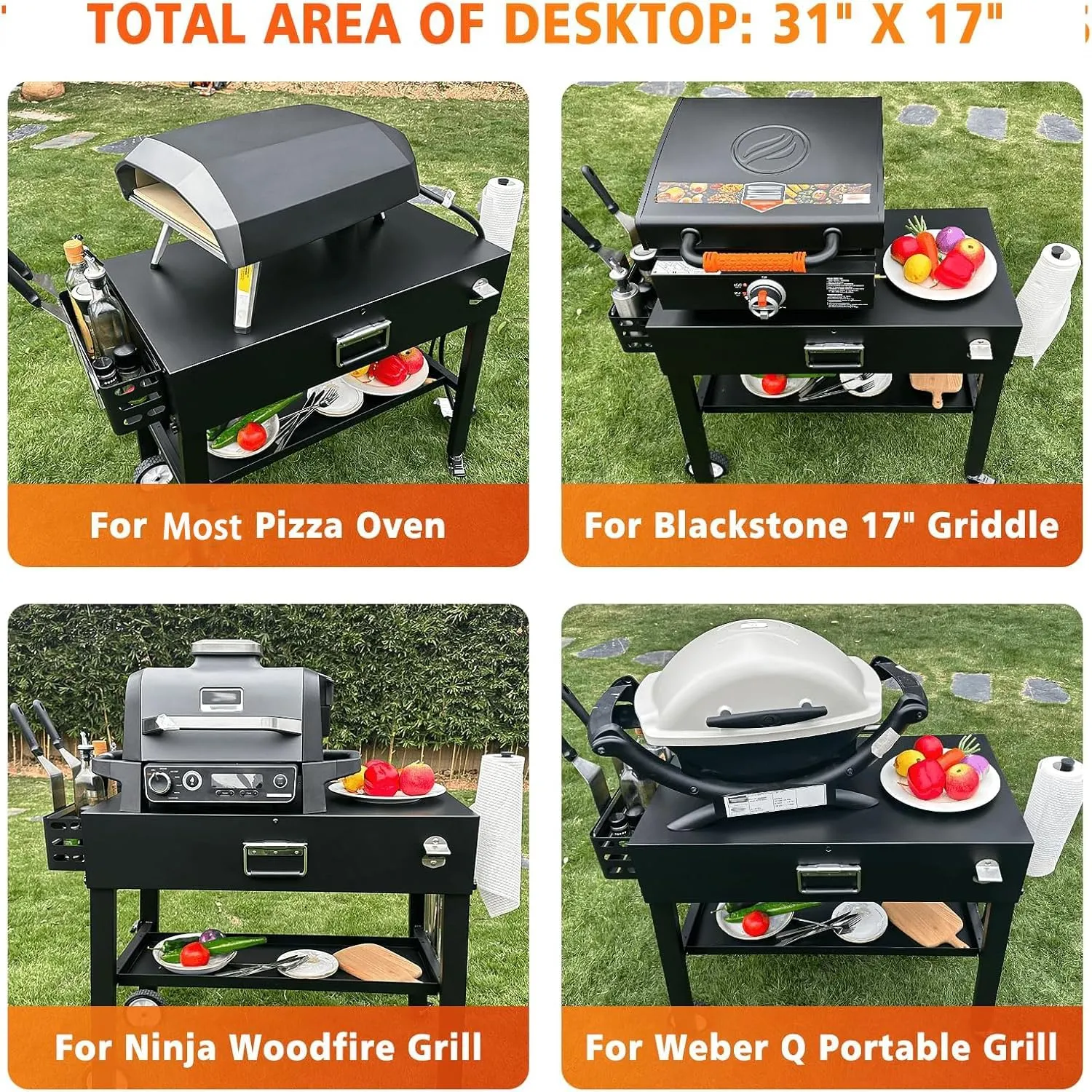 Foldable Grill Table Cart for Ninja Woodfire OG700, Blackstone Portable Griddle, Weber, Pizza Oven – Portable Outdoor BBQ Prep Stand with Caddy, Ideal for Camping and Tailgating