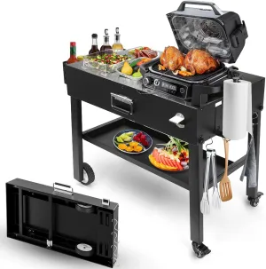 Foldable Grill Table Cart for Ninja Woodfire OG700, Blackstone Portable Griddle, Weber, Pizza Oven – Portable Outdoor BBQ Prep Stand with Caddy, Ideal for Camping and Tailgating