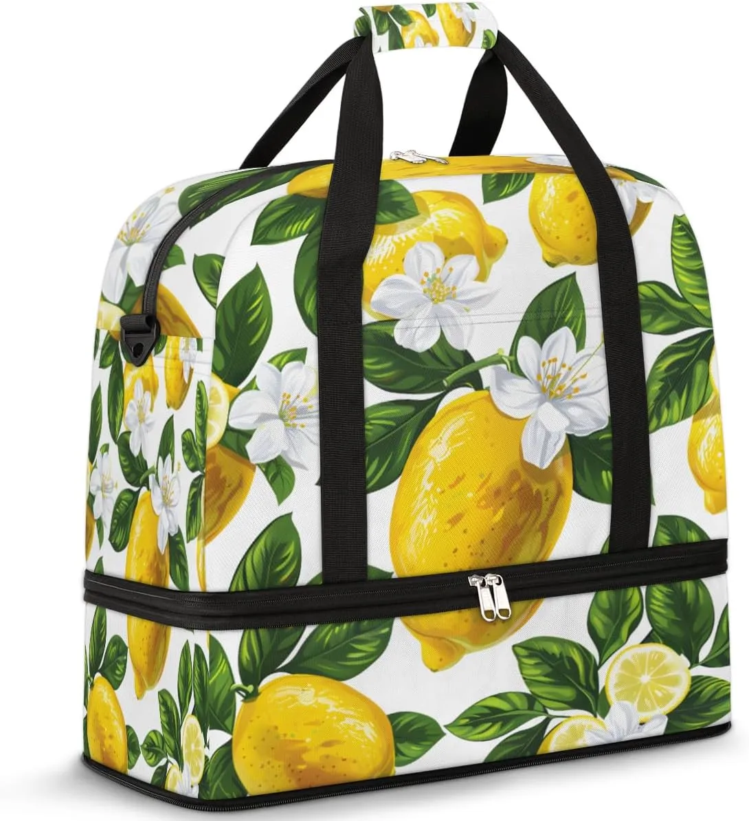 Foldable Travel Duffel Bag for Women, Overnight Weekender Bag Flower Lemon Carry on Duffel Bag Luggage Sports Gym Tote Bag with Shoes Compartment, Water Rresistant Shoulder Bag,C38