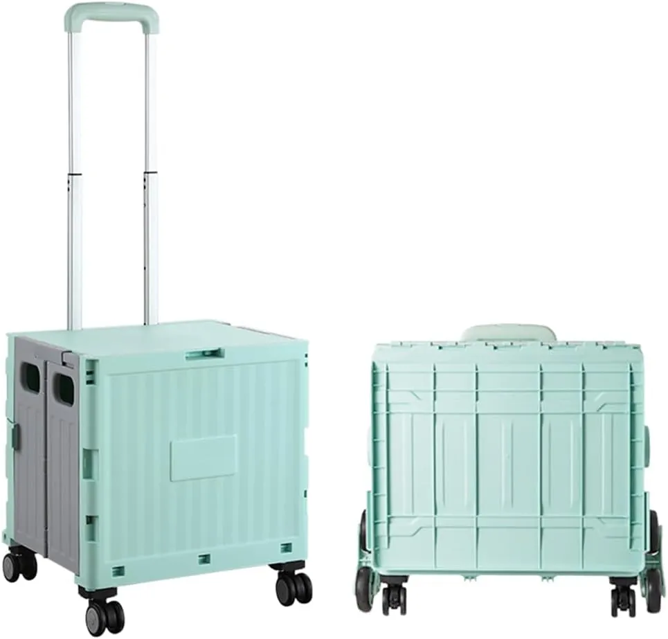 Foldable Utility Cart Collapsible Rolling Carts with Lid Portable Rolling Crate Handcart Shopping Trolley with Telescopic Handle 4 Wheels for Picnic Camping Moving Luggage Use